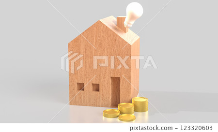 The House wood and coins for property or Building concept 3d Rendering 123320603