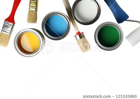 PNG, Paint, cans of paint and painting tools, top view, with space for text, isolated on white background PNG, Paint, cans of paint and painting tools, top view, with space for text, isolated on white background 123320860