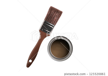 PNG, Paint, can of brown paint with a brush, isolated on a white background 123320861