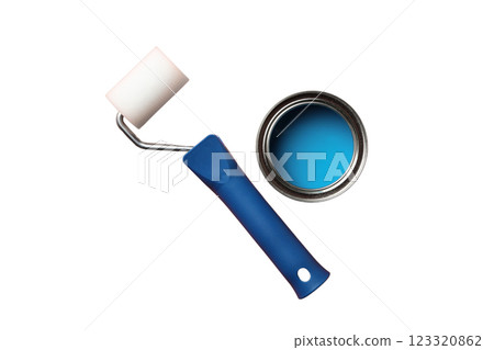PNG, Paint, can of blue paint with paint roller, isolated on white background 123320862