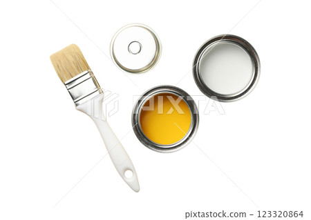 PNG, Paint, yellow and white paint with a stick, top view, isolated on white background 123320864