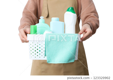 Spring cleaning, household chemicals and rag in basket in women's hands, isolated on white background, PNG 123320902