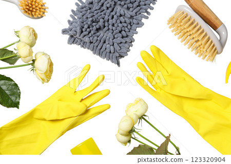 Spring cleaning, cleaning equipment and flowers, isolated on white background, PNG 123320904