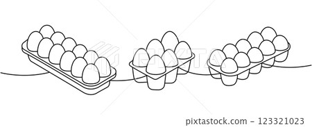 Chicken eggs in boxes one line continuous drawing. Boiled eggs, broken eggshell, omelette, protein and yolk. Vector illustration Chicken eggs in boxes one line continuous drawing. Boiled eggs, broken eggshell, omelette, protein and yolk. Vector illustration 123321023