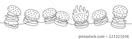 Burger set one line continuous drawing. Beef burger, hamburger, veggie burger, cheeseburger. Hand drawn elements for cafe menu, restaurants. 123321036