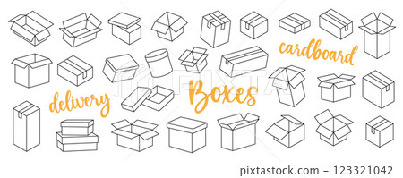Delivery boxes outline set. Present gift boxes. Vector illustration. Delivery boxes outline set. Present gift boxes. Vector illustration. 123321042