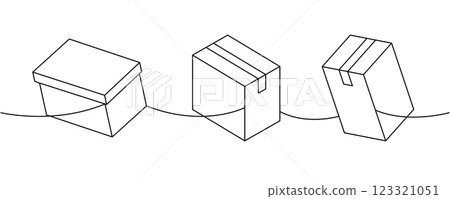 Cardboard boxes one line continuous drawing. Package cardboard boxes. Vector illustration. 123321051