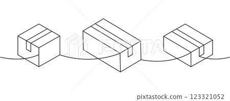 Package cardboard boxes one line continuous drawing. Carton delivery boxes. Vector illustration. 123321052