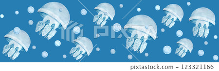 Jellyfish watercolor seamless border on blue background. Clip art. High quality hand-drawn blue monochromatic illustration for notebooks, wrapping paper, wallpaper, eco, tourism, room decor design Jellyfish watercolor seamless border on blue background. Clip art. High quality hand-drawn blue monochromatic illustration for notebooks, wrapping paper, wallpaper, eco, tourism, room decor design 123321166