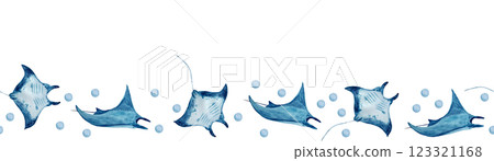Sting ray watercolor seamless border isolated on white. High quality hand-drawn blue monochromatic illustration for notebooks, posters, wallpaper, textile, beach towel, wrapping paper and room, edge Sting ray watercolor seamless border isolated on white. High quality hand-drawn blue monochromatic illustration for notebooks, posters, wallpaper, textile, beach towel, wrapping paper and room, edge 123321168