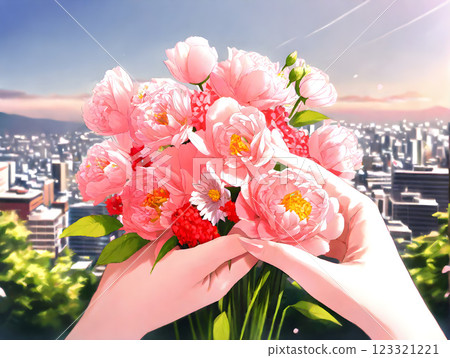 Hands receiving a bouquet on Mother's Day on a high-rise balcony Hands receiving a bouquet on Mother's Day on a high-rise balcony 123321221