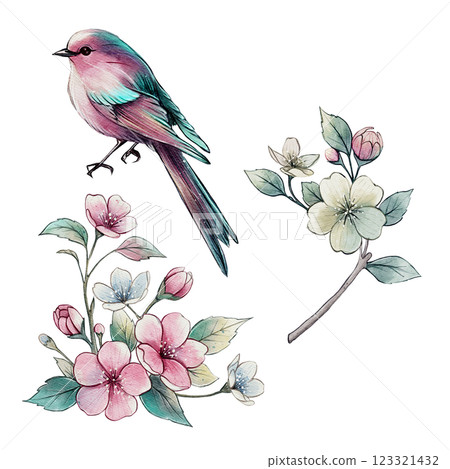Spring watercolor composition with bird and flowers Spring watercolor composition with bird and flowers 123321432