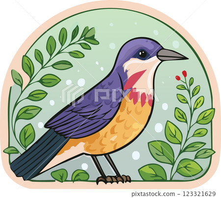 A beautifully illustrated bird with a purple head and orange body stands among green leaves and red berries, set against a soft green background. 123321629