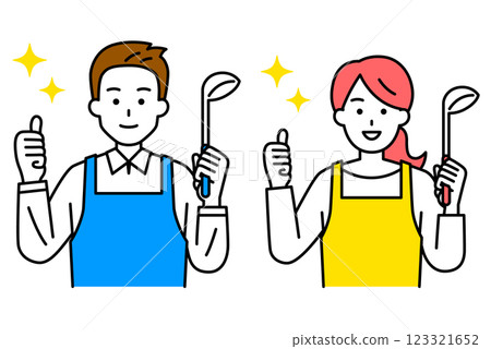 A man and woman in an apron holding a ladle and making a good sign 123321652