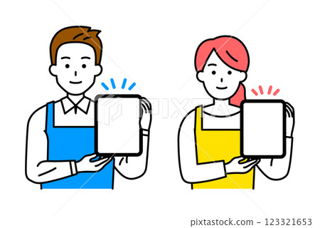 穿著圍裙的一名男子和一名女子正在展示平板電腦螢幕 123321653