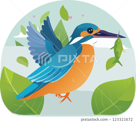 A vibrant kingfisher bird with blue and orange feathers, holding a small fish in its beak, surrounded by green leaves against a soft background. A vibrant kingfisher bird with blue and orange feathers, holding a small fish in its beak, surrounded by green leaves against a soft background. 123321672