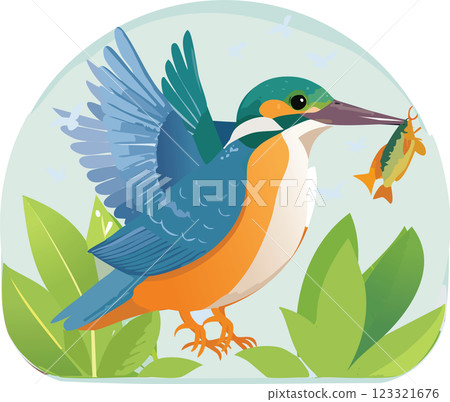 A vibrant kingfisher bird with blue and orange feathers, holding a small fish in its beak, surrounded by green leaves against a soft background. A vibrant kingfisher bird with blue and orange feathers, holding a small fish in its beak, surrounded by green leaves against a soft background. 123321676