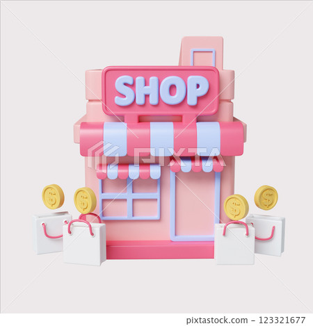 Charming shopfront with shopping bags and coins, 3D render illustration. 123321677