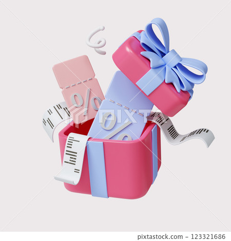 Adorable gift box with discounts and tags spilling out, 3D render illustration. 123321686