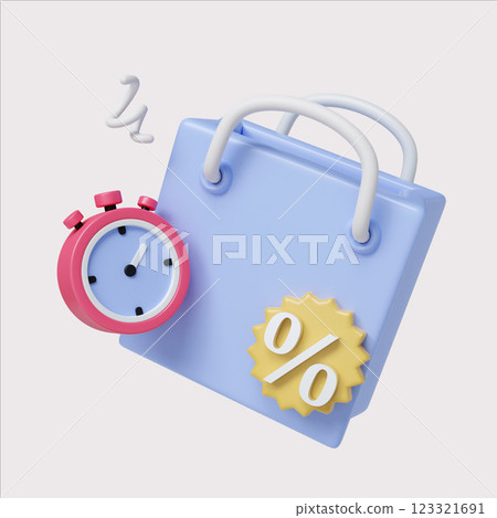 Shopping bag with timer and discount label, 3D render illustration. Shopping bag with timer and discount label, 3D render illustration. 123321691