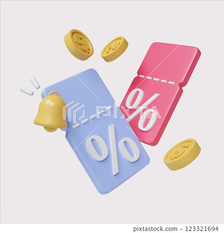 Stylish discount tags in pink and blue with coins, 3D render illustration. 123321694