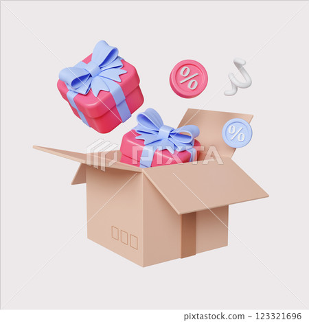 Set of colorful 3D render illustrations of gift boxes for shopping events 123321696