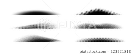 Halftone shadow set. Black dotted gradient stripes collection. Half tone textured shades pack for divide and separate. Horizontal pixelated grain line patterns. Vector noise dots and particles strips 123321818