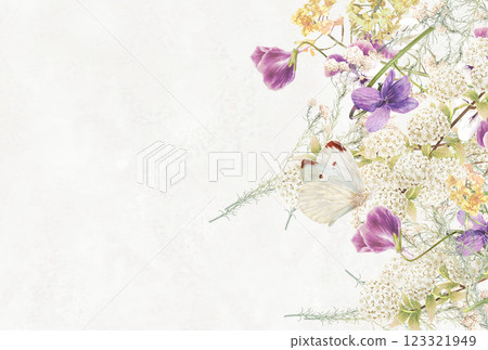 一張春天的明信片,上面畫著一隻菜粉蝶以及紫羅蘭和鳶尾花。 一張春天的明信片,上面畫著一隻菜粉蝶以及紫羅蘭和鳶尾花。 123321949
