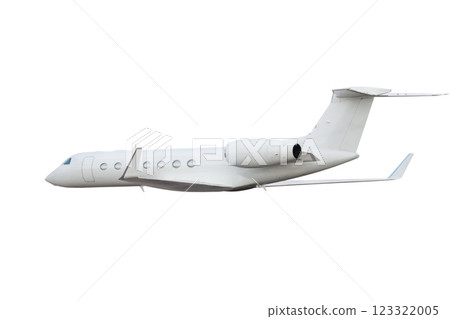 Modern luxury private jet flies isolated on white background 123322005