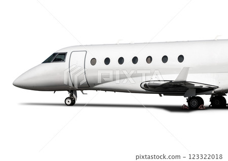 Close-up of the modern white corporate business jet isolated on white background 123322018