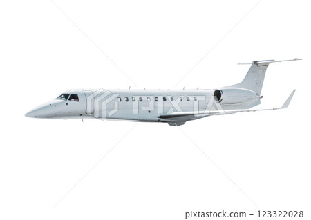 White modern executive business jet flies isolated on white background White modern executive business jet flies isolated on white background 123322028