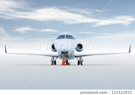 Front view of the luxury corporate airplane isolated on bright background with sky 123322033