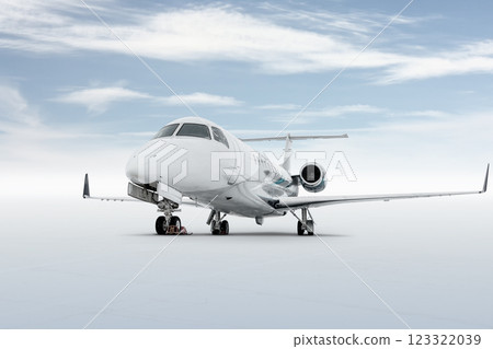 Modern executive business jet isolated on bright background with sky 123322039