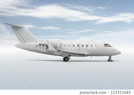 Modern white corporate business jet isolated on light background with sky 123322045