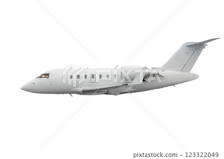 White modern executive business jet flies isolated on white background 123322049