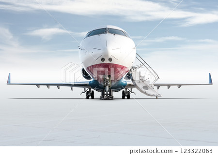 Front view of the modern corporate business jet with open gangway door isolated on bright background with sky 123322063