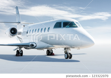Modern white corporate business jet isolated on light background with sky Modern white corporate business jet isolated on light background with sky 123322070