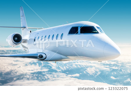 Close-up white modern luxury executive airplane fly over snow covered mountains 123322075