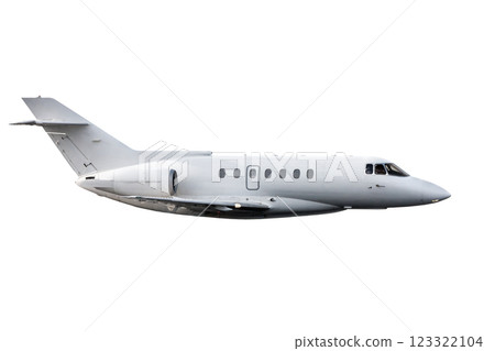 White modern private jet flies isolated on white background 123322104