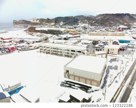 Aerial view of Otobe Junior High School in Otobe, Hokkaido in winter 123322186