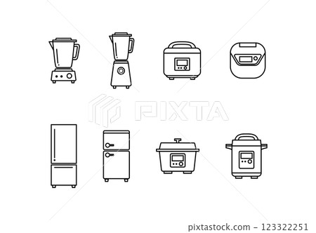 Illustration material: Simple kitchen cooking appliances line drawing illustration set 123322251