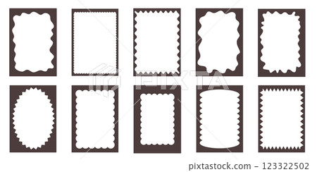 Groovy frame jagged scallop edge, frame text box or border. Curve funky y2k retro form, geometric shape, framework. Wiggle figure, rectangle. Groovy frame jagged scallop edge, frame text box or border. Curve funky y2k retro form, geometric shape, framework. Wiggle figure, rectangle. 123322502