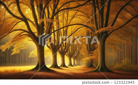 Golden tree-lined road - a fantastical autumn scene 123322945