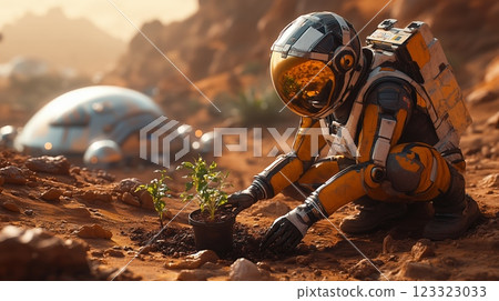 Astronaut planting seedlings on alien planet near futuristic habitat 123323033
