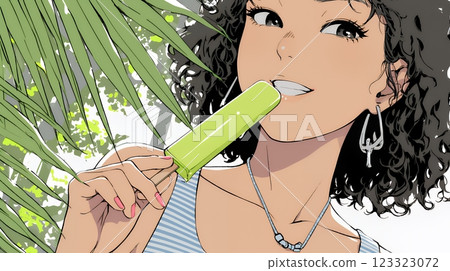 Young woman eating an ice cream cone 123323072