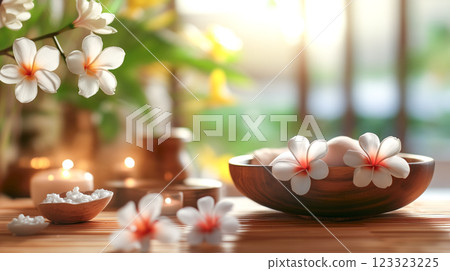 A young woman receives a relaxing massage at a spa. Generative AI. 123323225