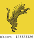 Creative hand drawn outline image of a black cat on a yellow background. Can be used as a logo or in design. 123323326
