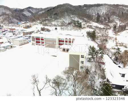 Aerial view of Otobe Elementary School in Otobe, Hokkaido in winter Aerial view of Otobe Elementary School in Otobe, Hokkaido in winter 123323346