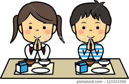 小學男孩和女孩們對這頓飯表示感謝 123323389