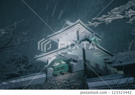 Kanazawa in winter: Ishikawamon Gate on a snowy night Kanazawa in winter: Ishikawamon Gate on a snowy night 123323442